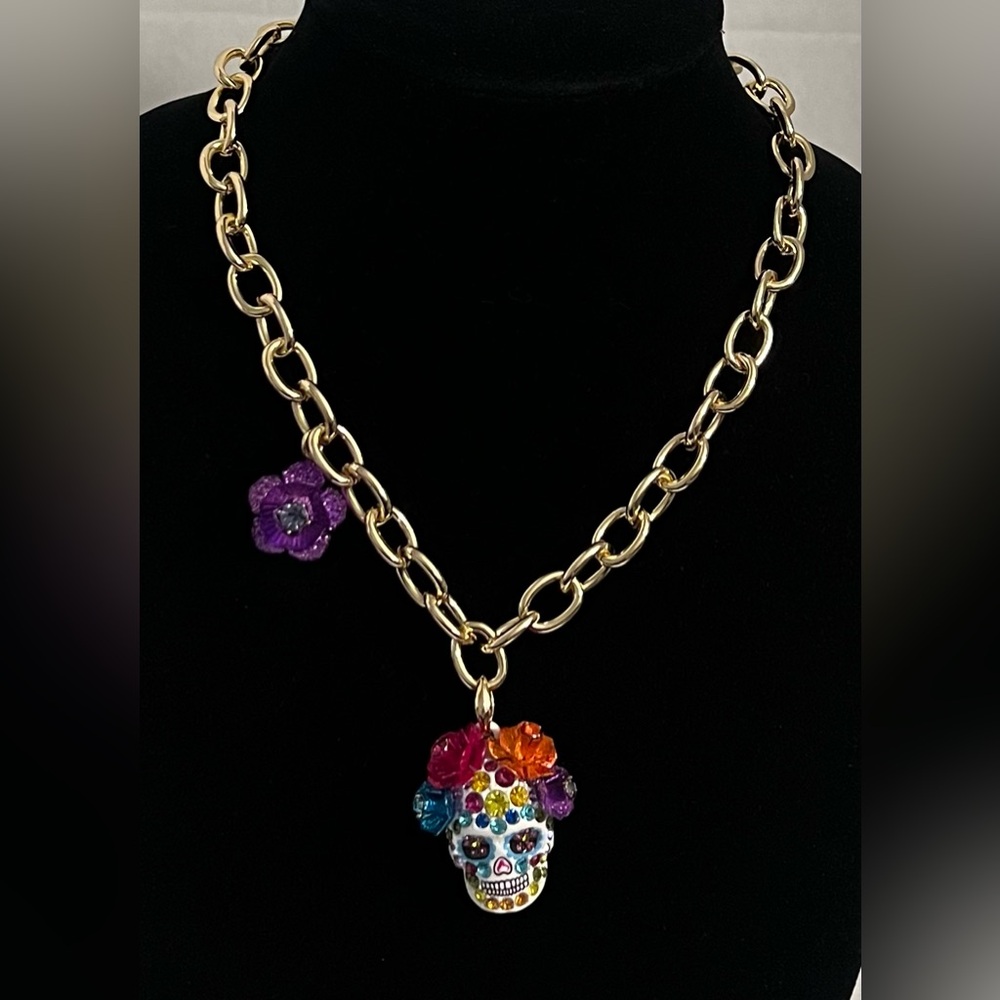 Betsey Johnson Gold Skull Pendant Necklace with Multicolor Accents
